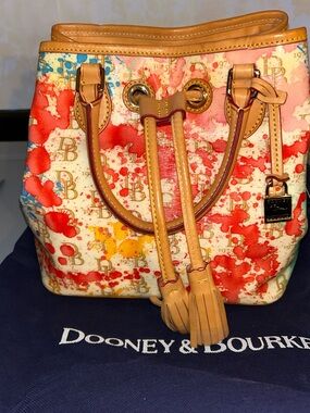 Dooney & Bourke Coral and Cream Floral Drawstring Shoulder Bag
